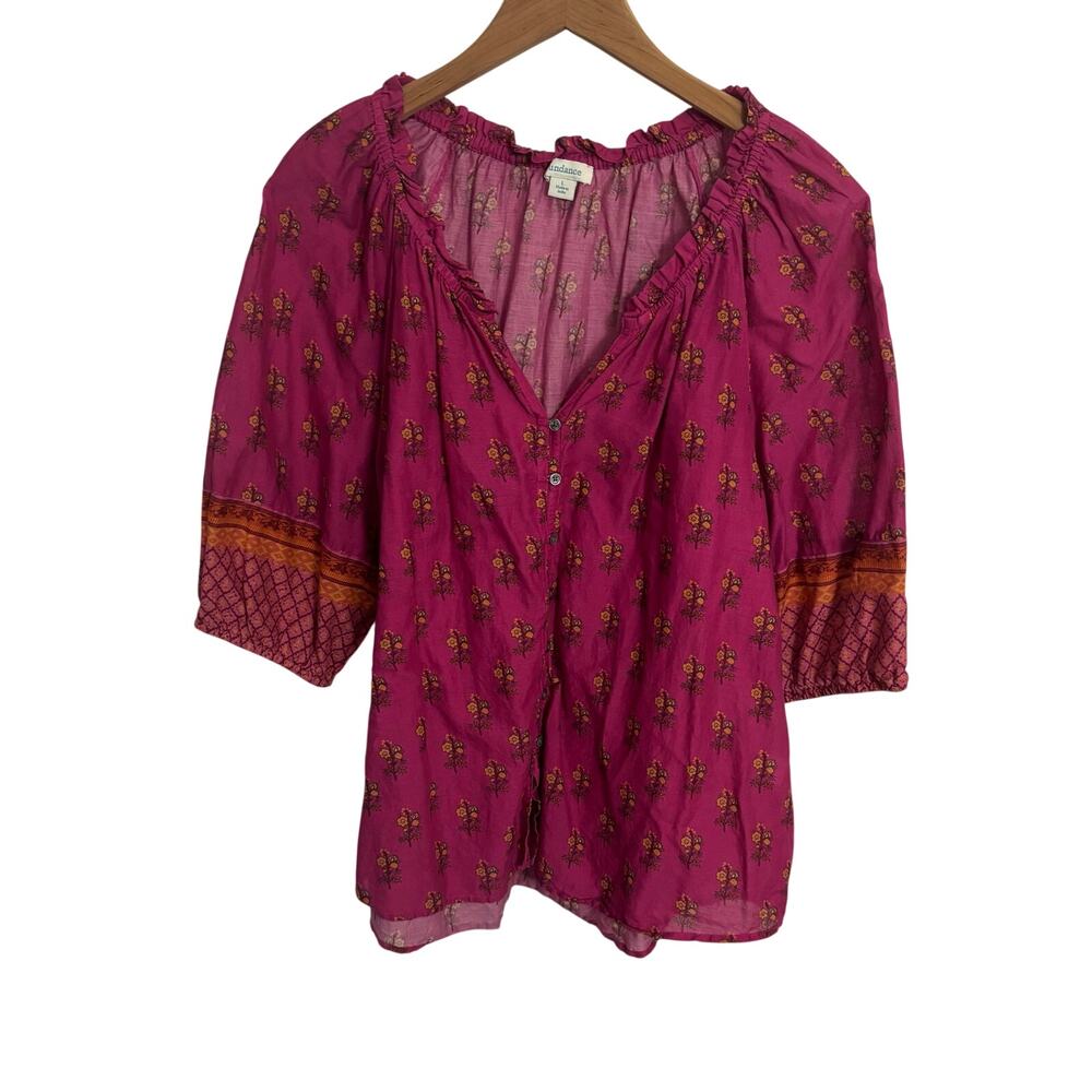Sundance Large Pink Floral Cotton Peasant Blouse Boho Ruffle Block Print Top